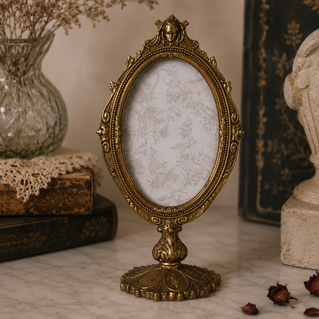 Finest Obituaries |Ovaler Bilderrahmen auf Standfuß im Antik-Look 14 × 9 × 26 cm– Gold