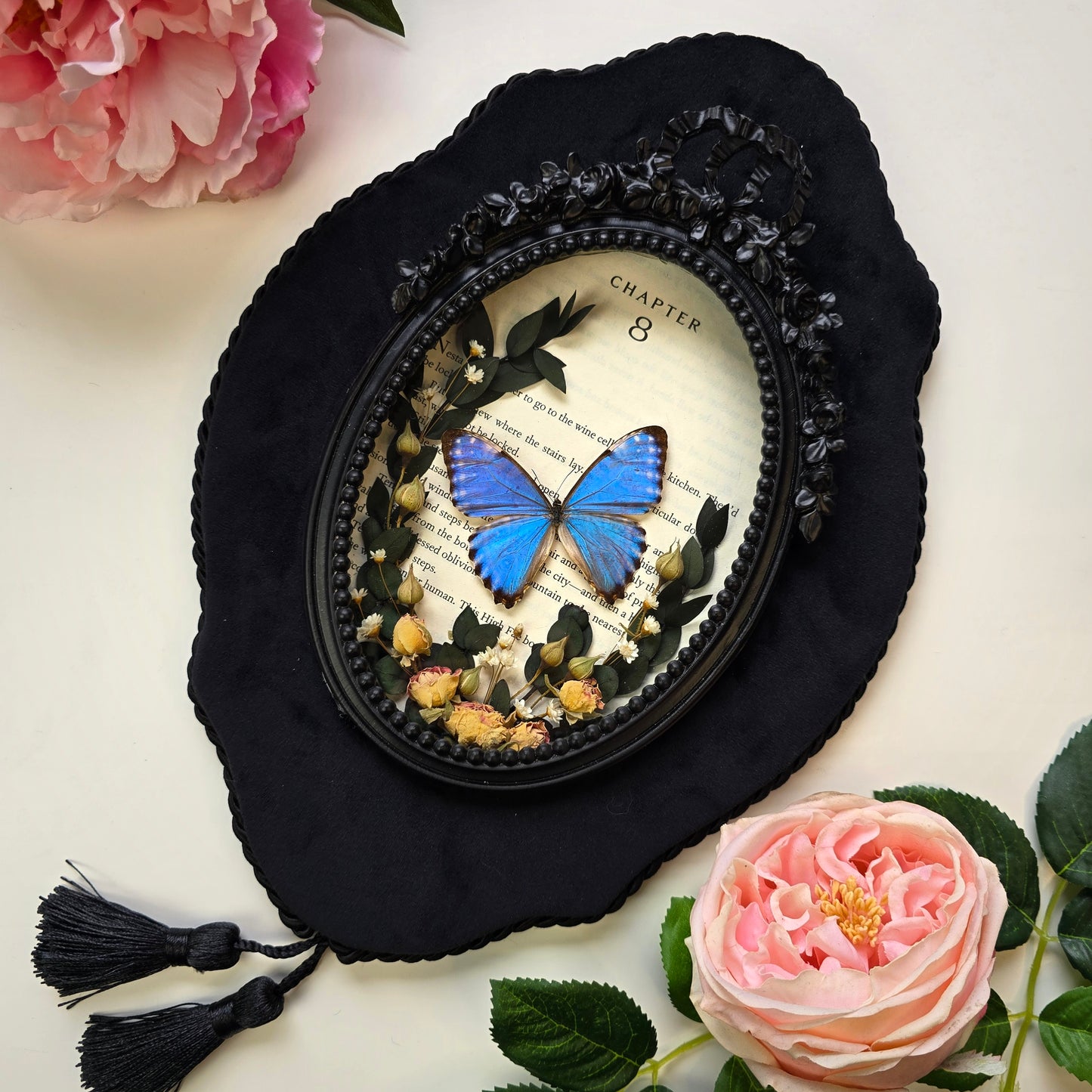 Blauer Schmetterling Morpho portis im ovalen Barockrahmen mit floralem Dekor
Präparierter Butterfly Morpho portis als Insect Decor im schwarzen Barockrahmen
Echter Morpho portis Schmetterling auf dunkler Samtplatte im dekorativen Rahmen