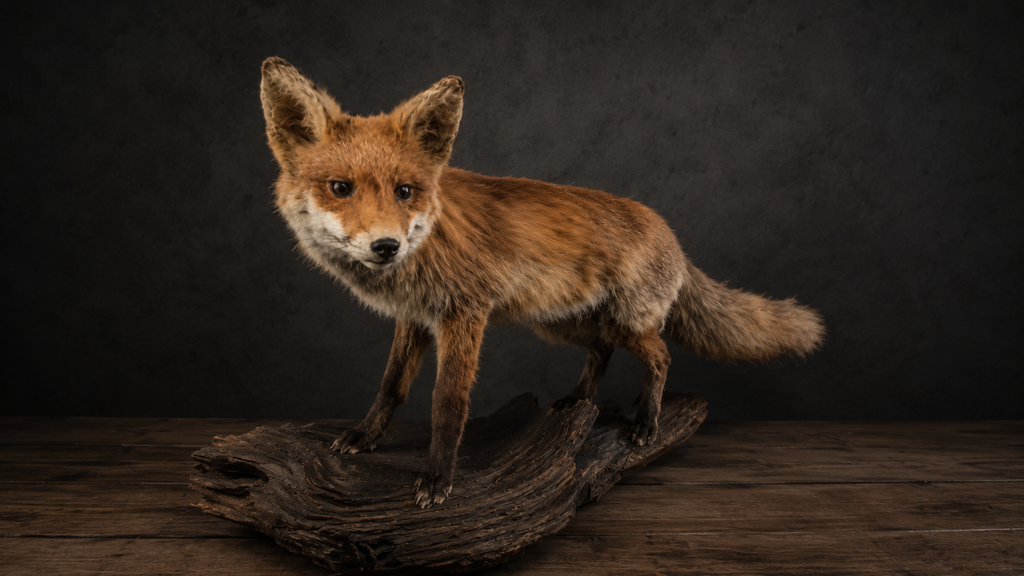 Finest Obituaries | Präparierter Fuchs auf Naturholz