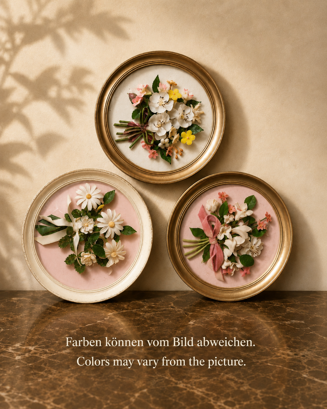 Finest Obituaries | 3er Set runde Blumenbilder im Holzrahmen – Vintage Wanddeko, Ø 16 cm