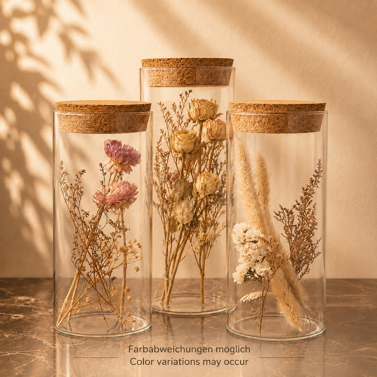 Finest Obituaries | Set of 3 Dried Flowers in Glass Tubes with Cork Lids – 2 Small & 1 Large