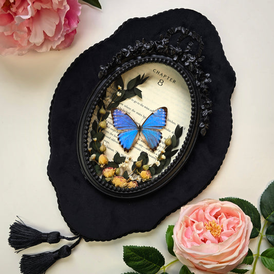 Blauer Schmetterling Morpho portis im ovalen Barockrahmen mit floralem Dekor
Präparierter Butterfly Morpho portis als Insect Decor im schwarzen Barockrahmen
Echter Morpho portis Schmetterling auf dunkler Samtplatte im dekorativen Rahmen