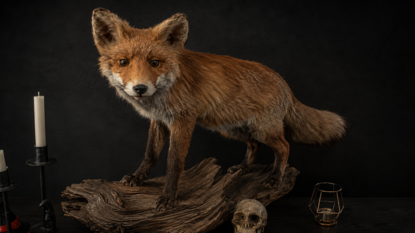 Finest Obituaries | Taxidermied Fox on Natural Wood