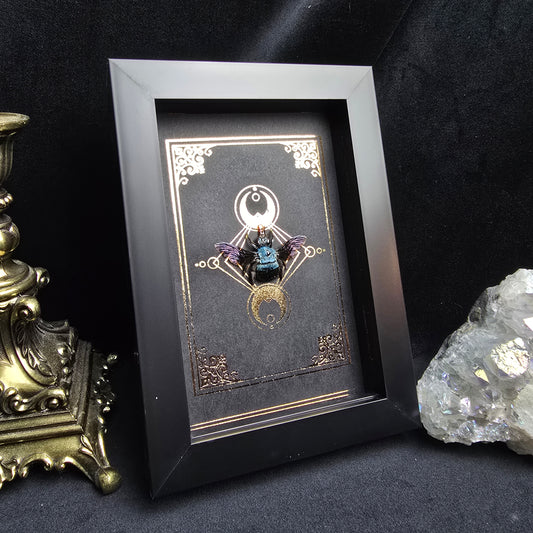 Finest Obituaries | Präparierte Biene Xylocopa caerulea in schwarzem Rahmen mit handgearbeitetem Hintergrund im Gothic-Stil.